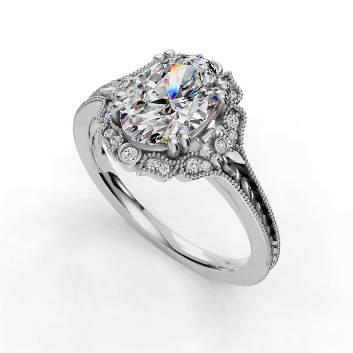 Arvelle Halo Engagement Ring in white gold with an oval center stone, 3D view