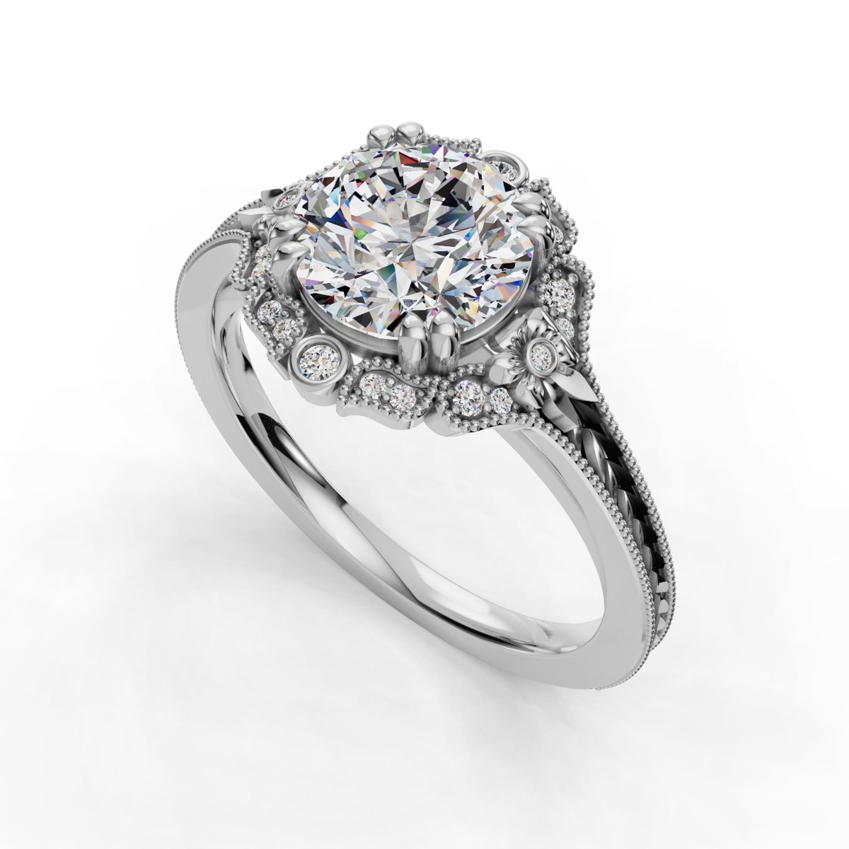 Arvelle Halo Engagement Ring in white gold with a round center stone, 3D view