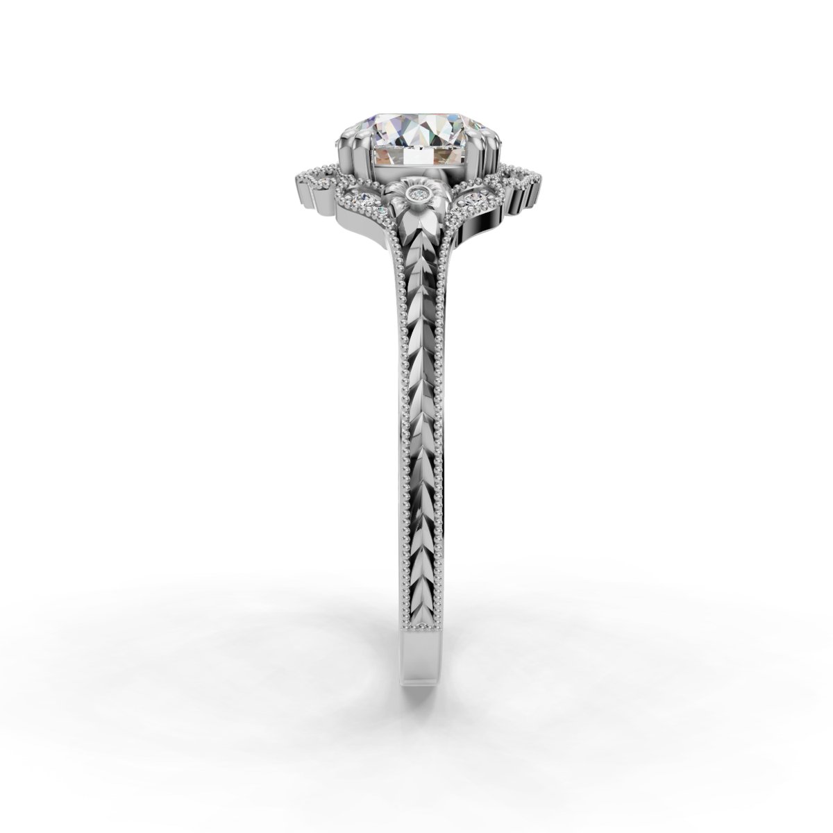 Arvelle Halo Engagement Ring in white gold with a round center stone, side view