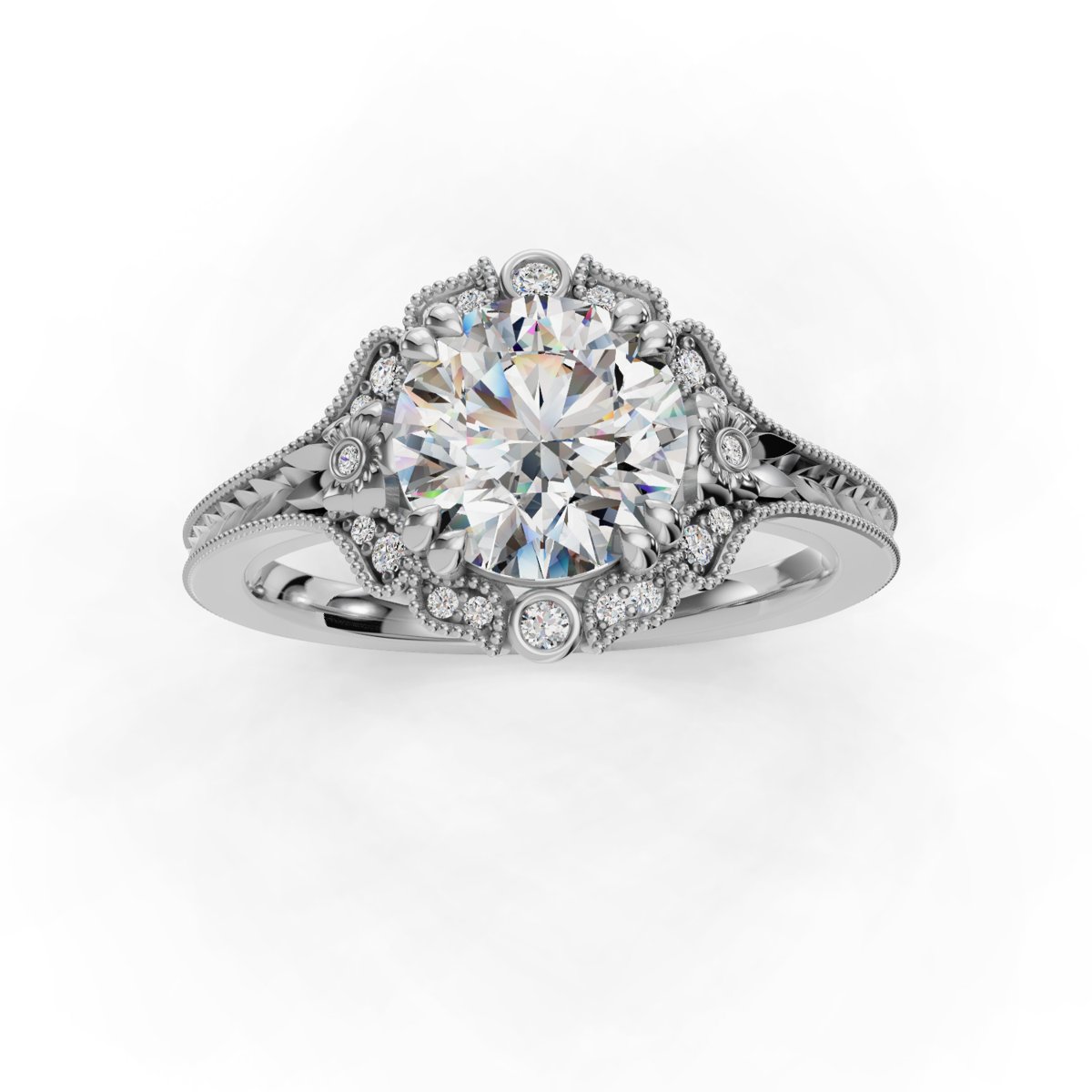 Arvelle Halo Engagement Ring in white gold with a round center stone, top view