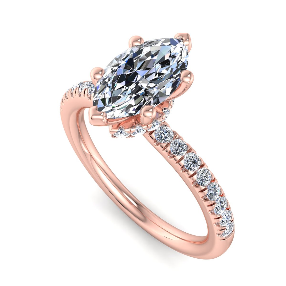 Orlavie Hidden Halo Engagement Ring in rose gold with a marquise center stone, 3D view