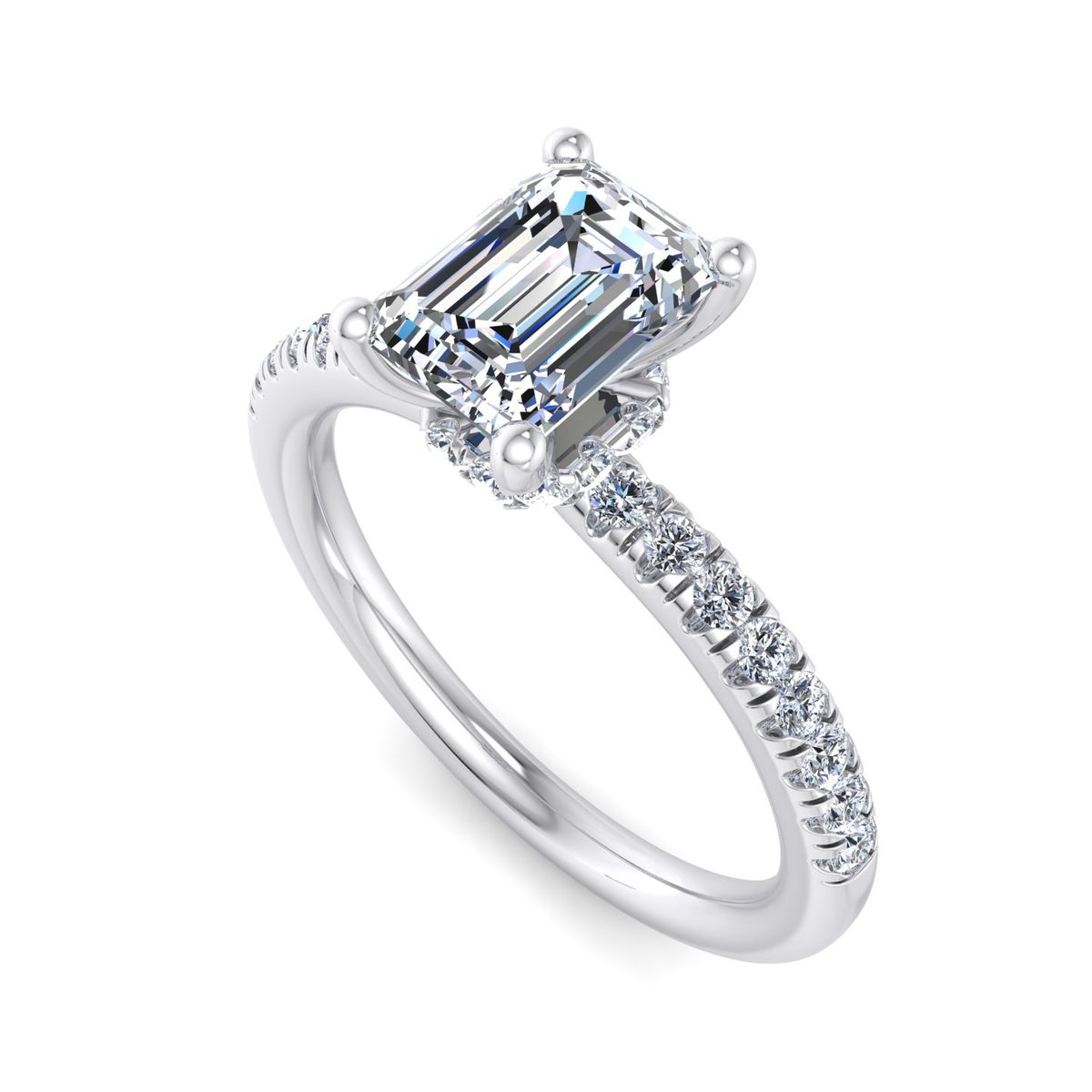 Orlavie Hidden Halo Engagement Ring in white gold with an emerald center stone, 3D view