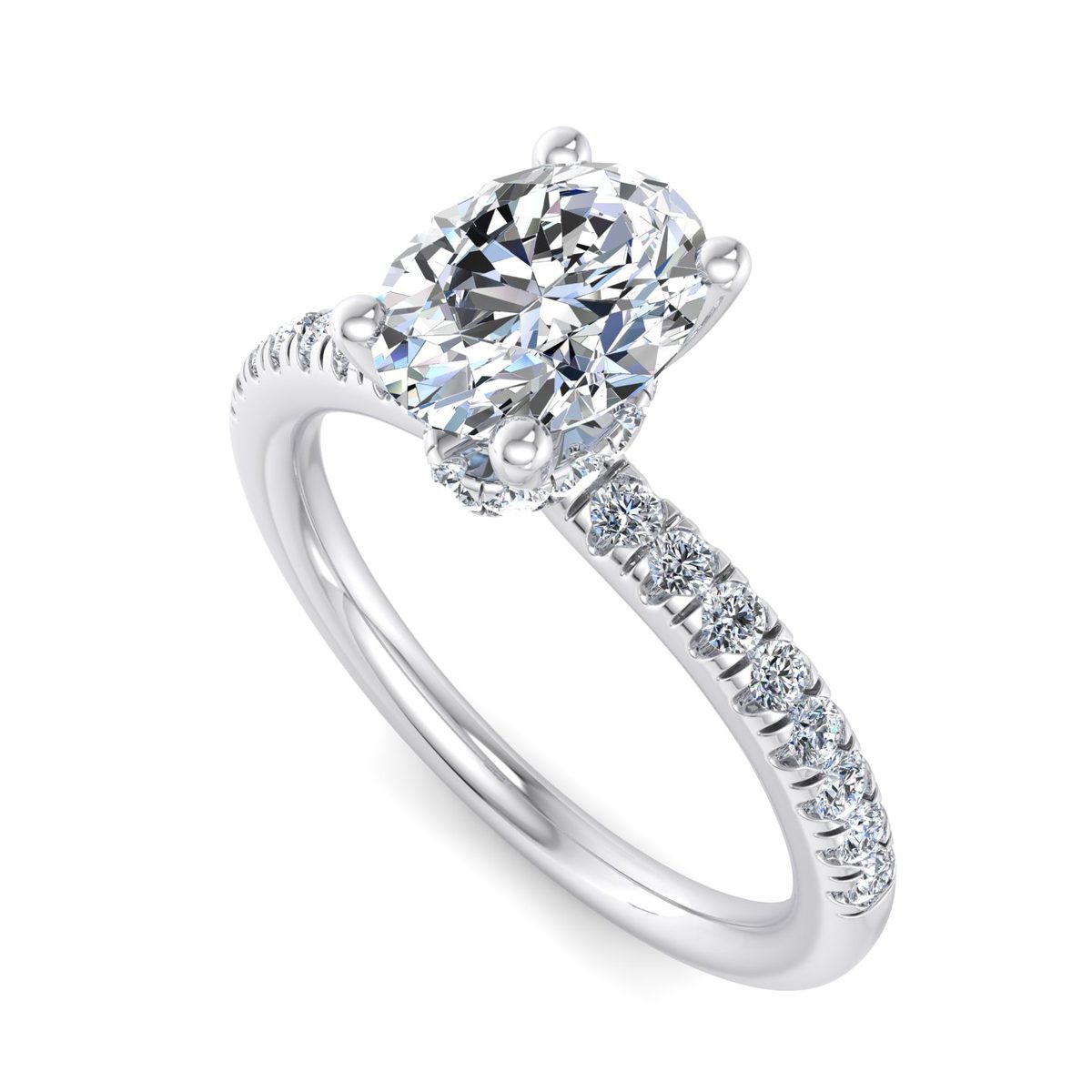 Orlavie Hidden Halo Engagement Ring in white gold with an oval center stone, 3D view