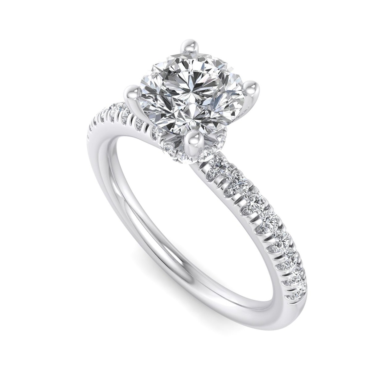 Orlavie Hidden Halo Engagement Ring in white gold with a round center stone, 3D view