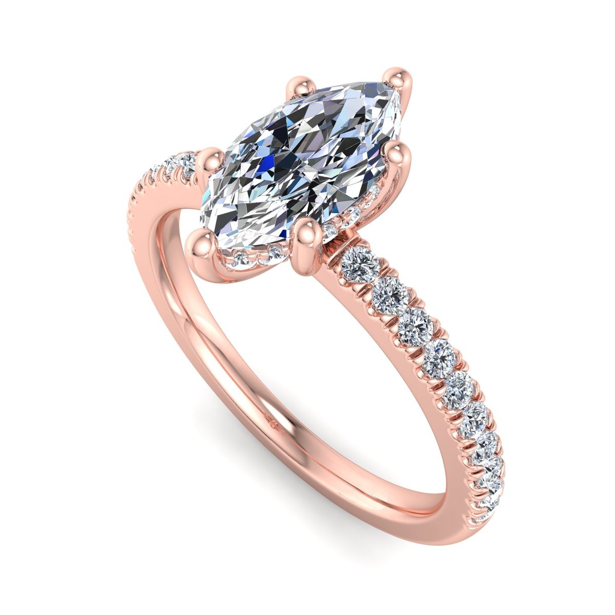 Caldessa Hidden Halo Engagement Ring in rose gold with a marquise center stone, 3D view