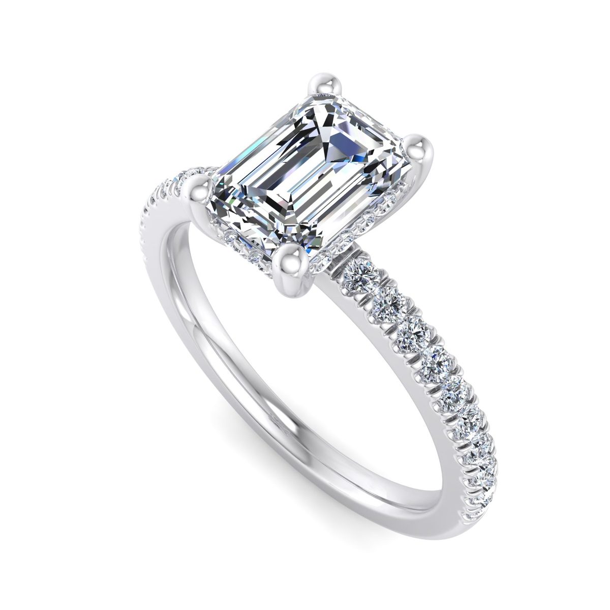 Caldessa Hidden Halo Engagement Ring in white gold with an emerald center stone, 3D view