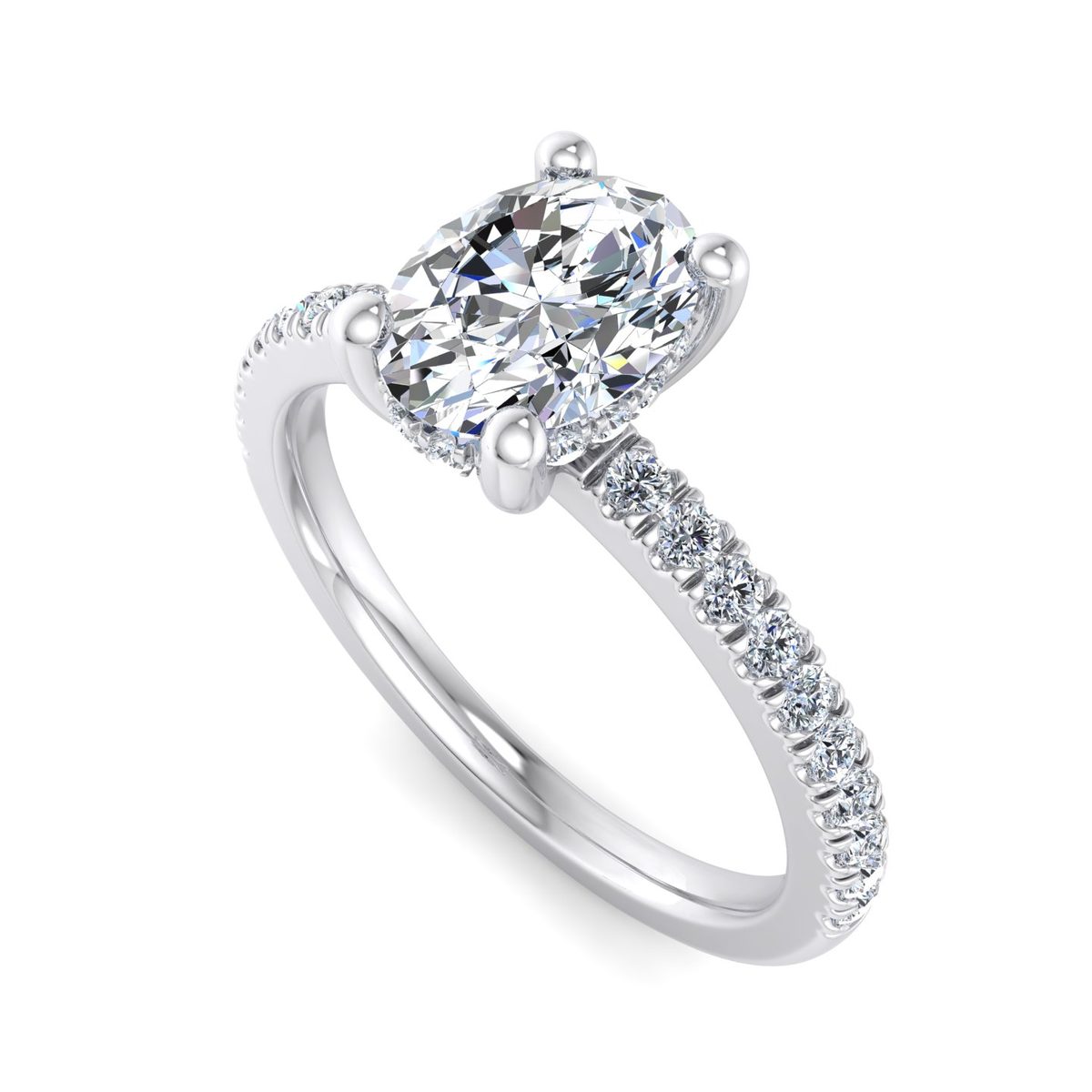 Caldessa Hidden Halo Engagement Ring in white gold with an oval center stone, 3D view