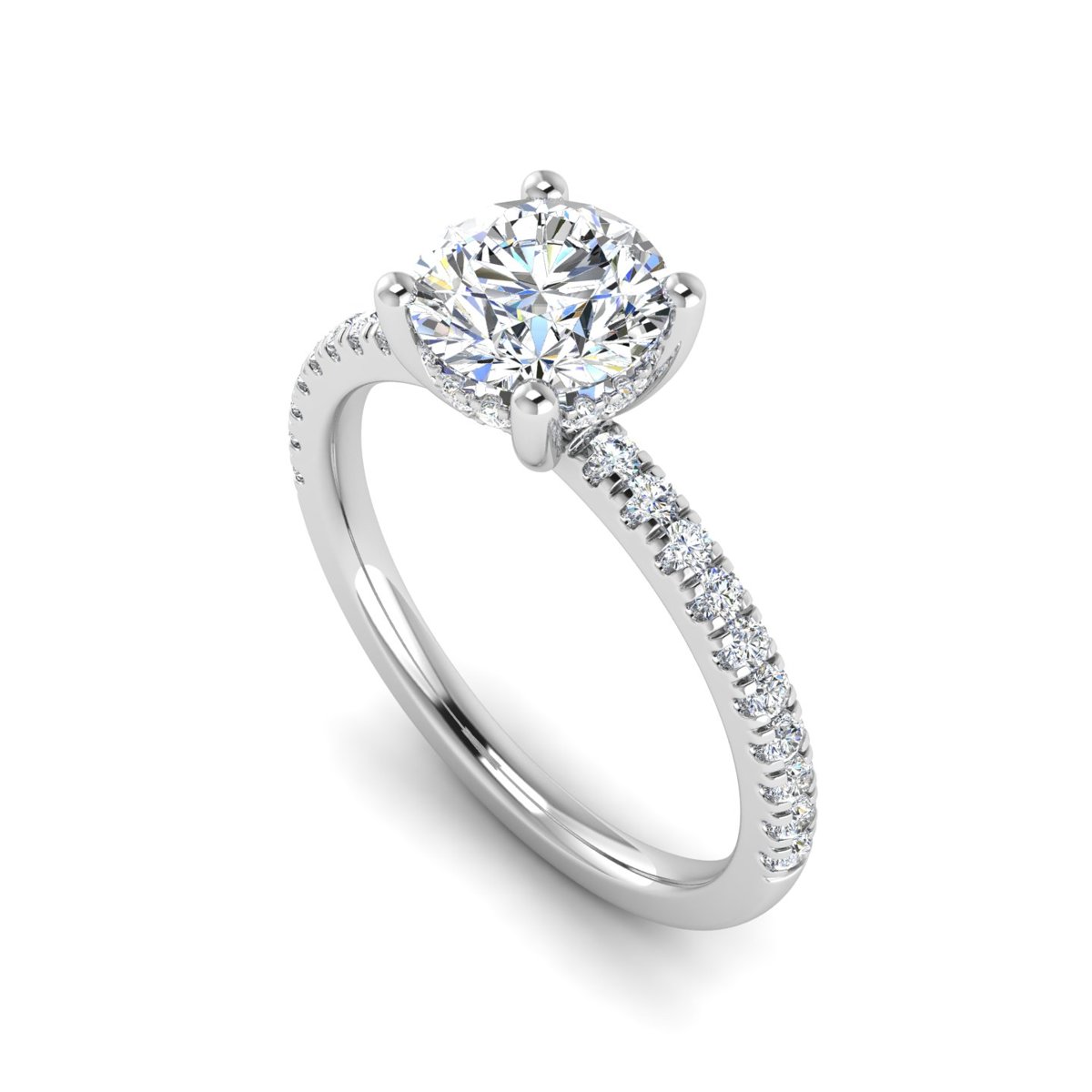 Caldessa Hidden Halo Engagement Ring in white gold with a round center stone, 3D view