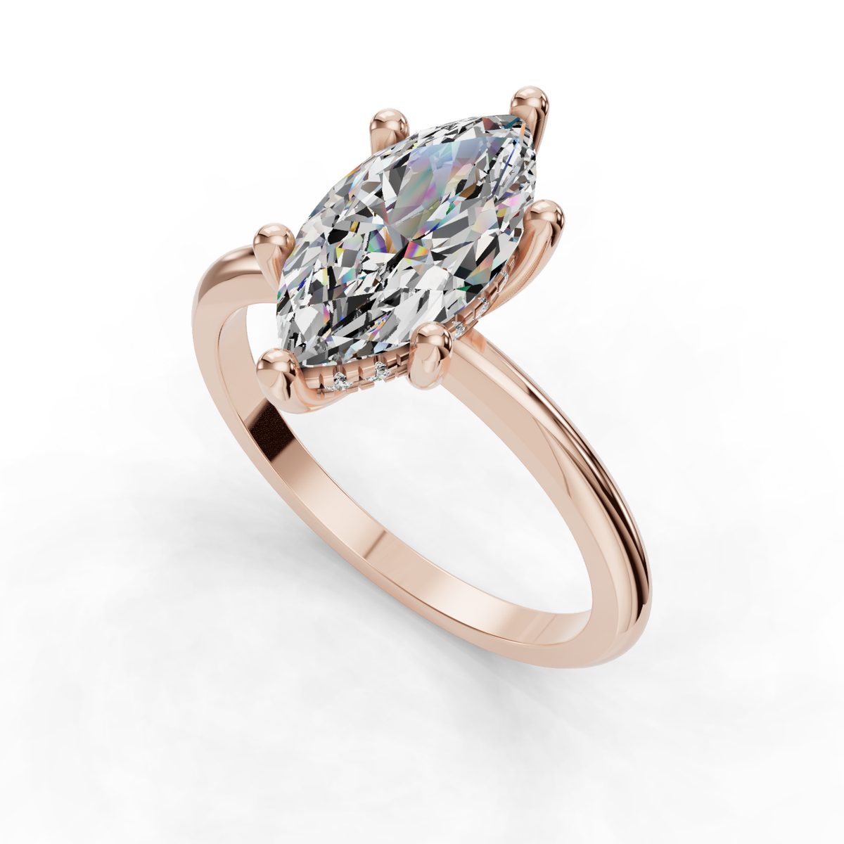 Iloren Hidden Halo Engagement Ring in rose gold with a marquise center stone, 3D view