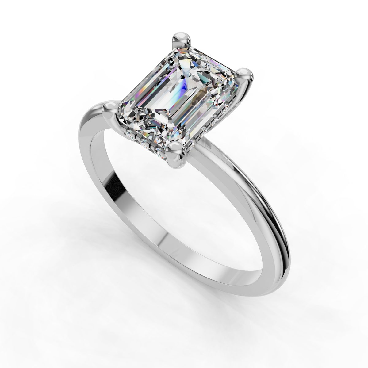 Iloren Hidden Halo Engagement Ring in white gold with an emerald center stone, 3D view