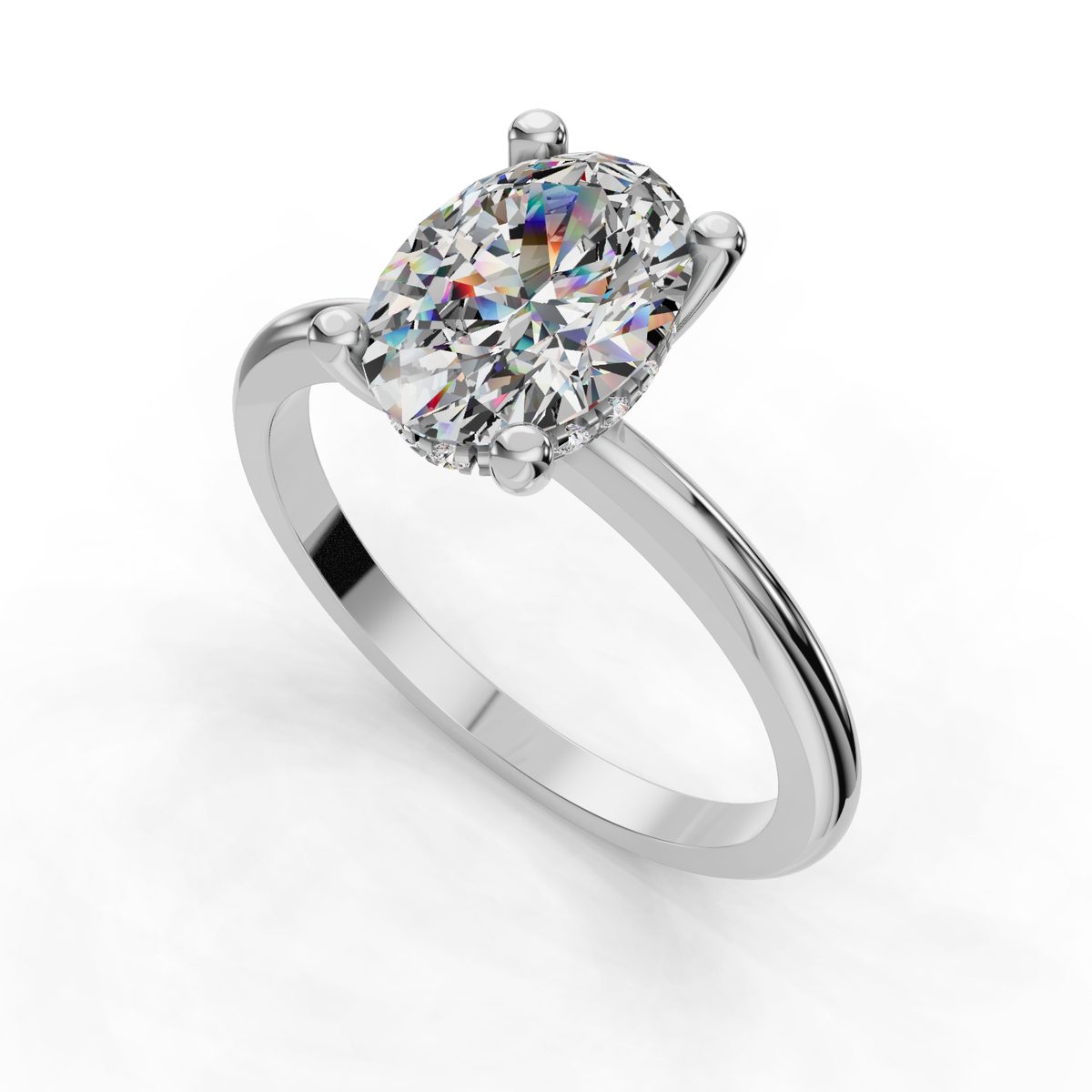 Iloren Hidden Halo Engagement Ring in white gold with an oval center stone, 3D view