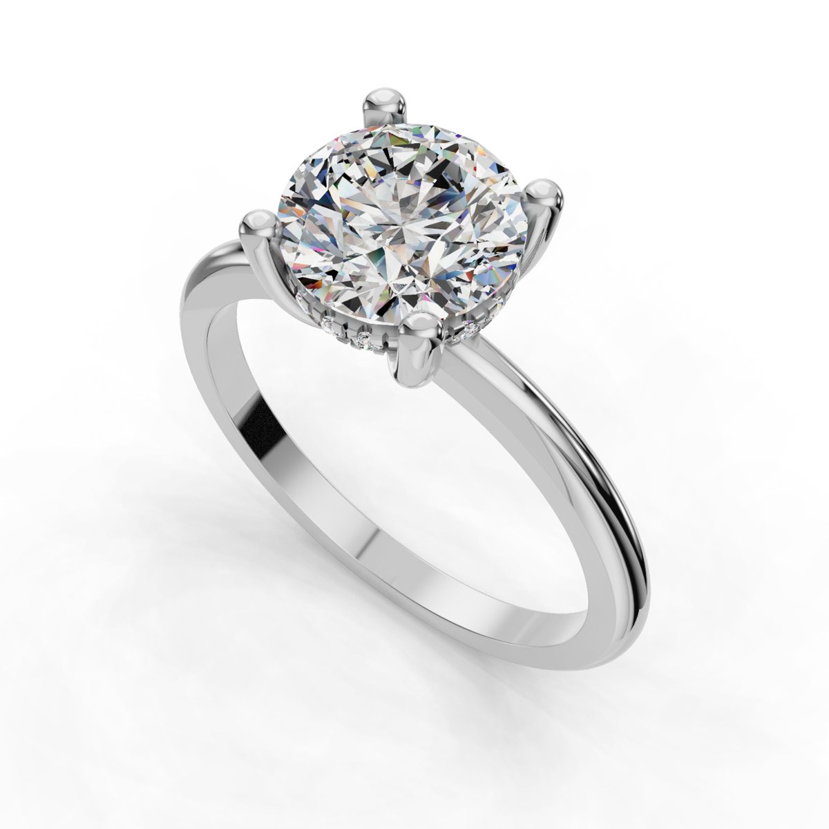 Iloren Hidden Halo Engagement Ring in white gold with a round center stone, 3D view
