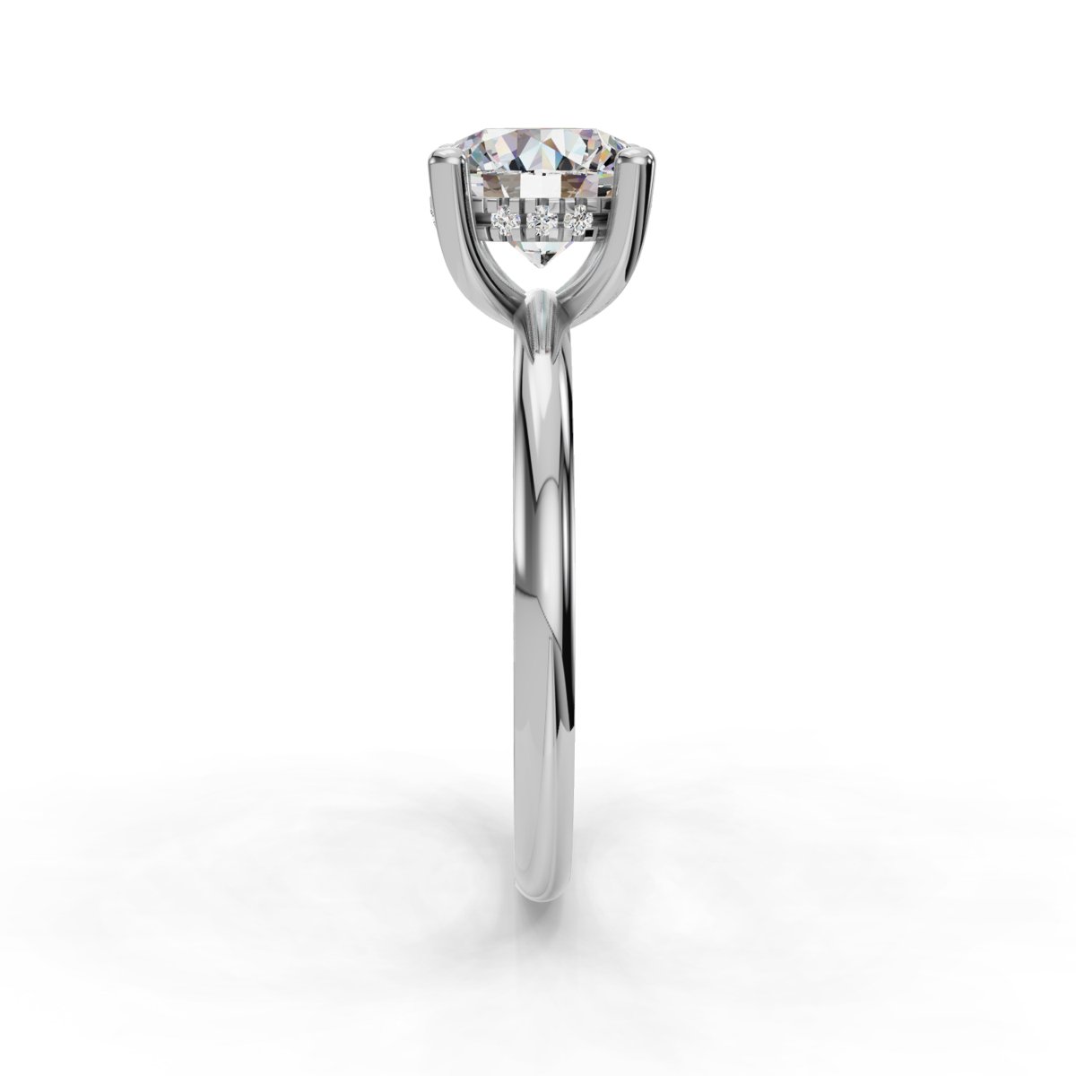 Iloren Hidden Halo Engagement Ring in white gold with a round center stone, side view