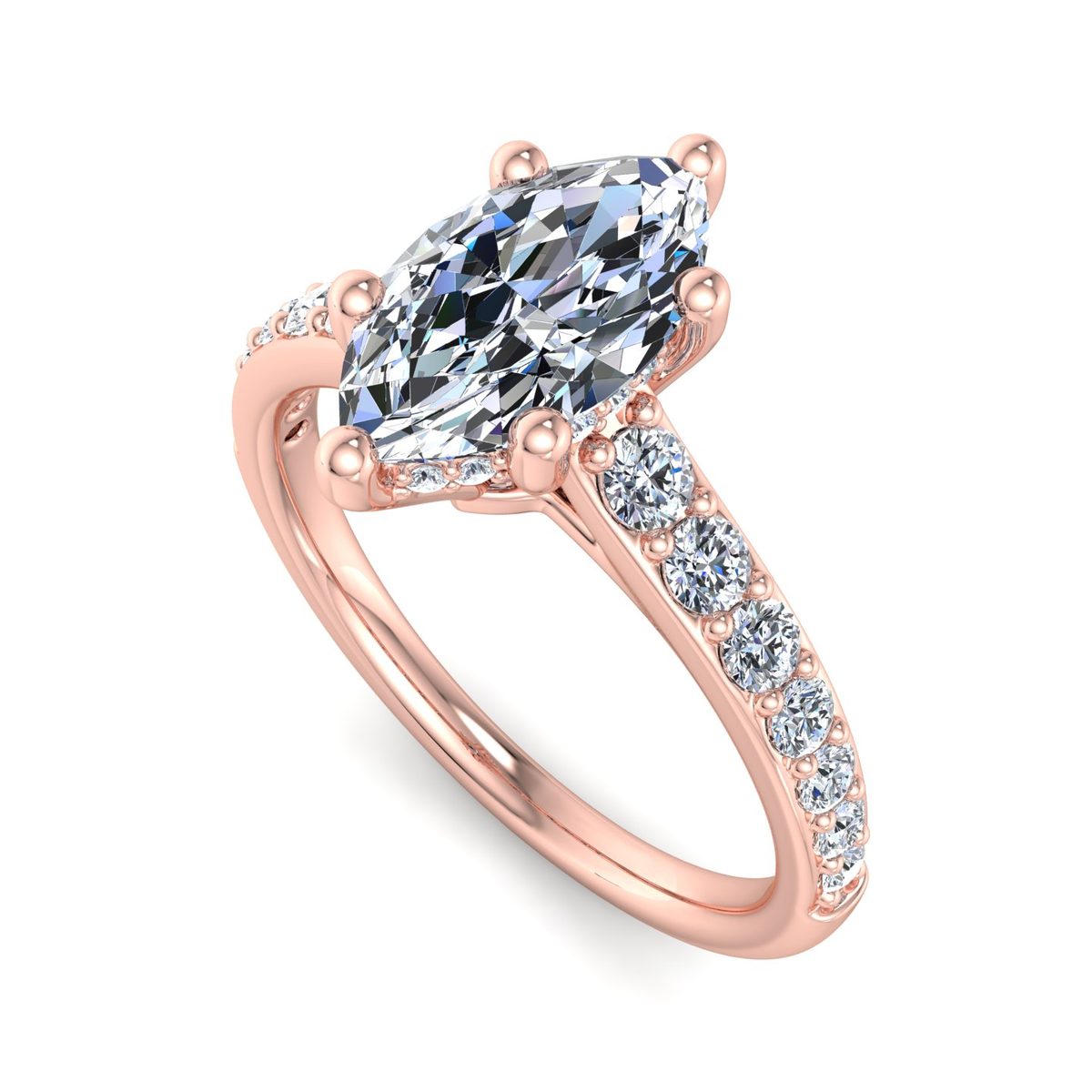 Jessamar Hidden Halo Engagement Ring in rose gold with a marquise center stone, 3D view