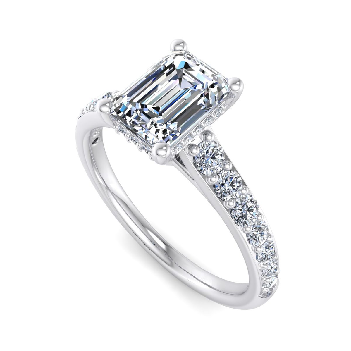 Jessamar Hidden Halo Engagement Ring in white gold with an emerald center stone, 3D view