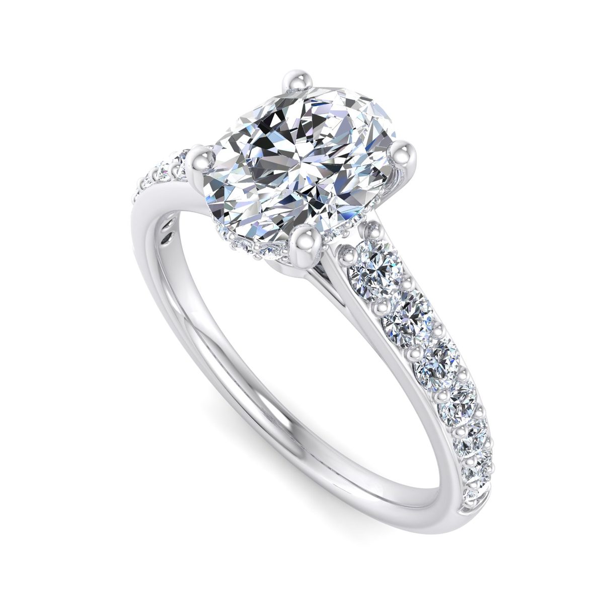Jessamar Hidden Halo Engagement Ring in white gold with an oval center stone, 3D view