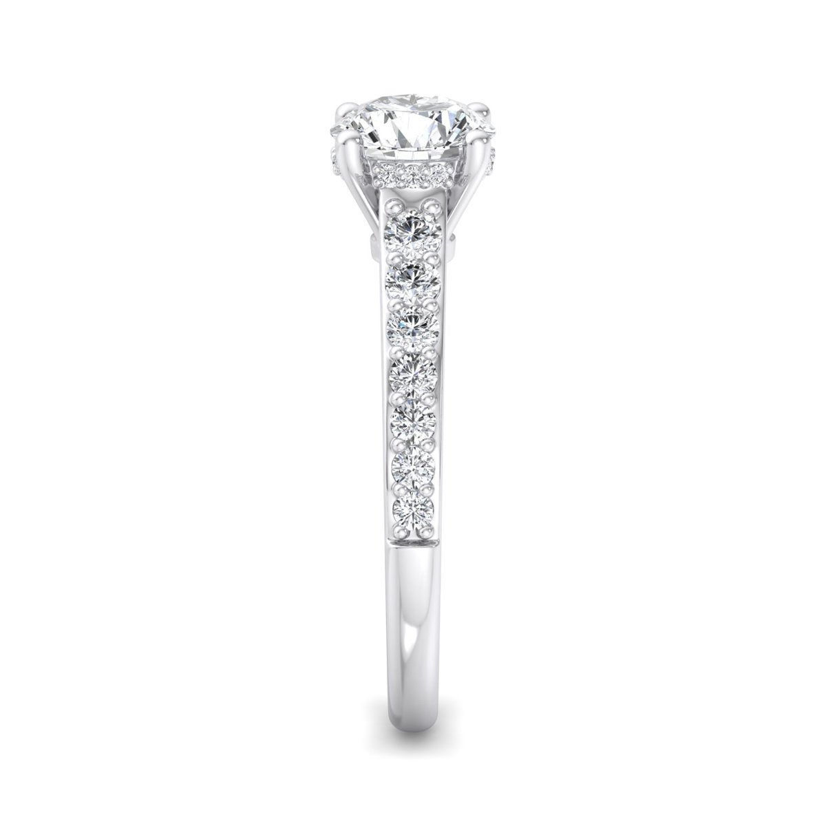 Jessamar Hidden Halo Engagement Ring in white gold with a round center stone, side view
