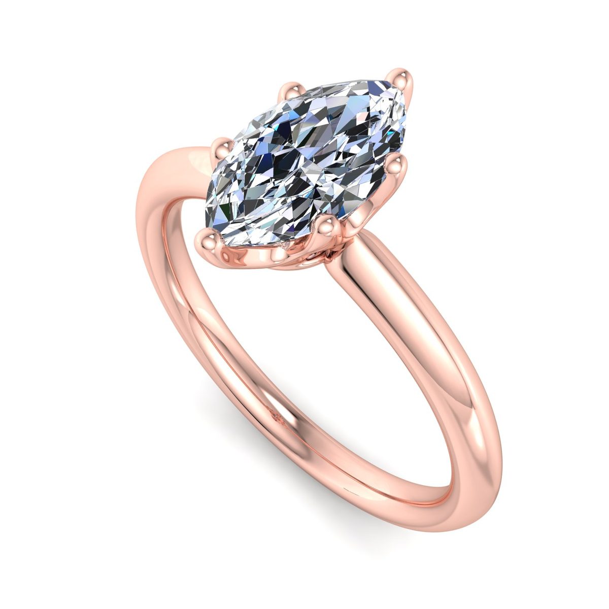 Elvaine Knife-Edge 6-Prong Solitaire Engagement Ring in rose gold with a marquise center stone, 3D view