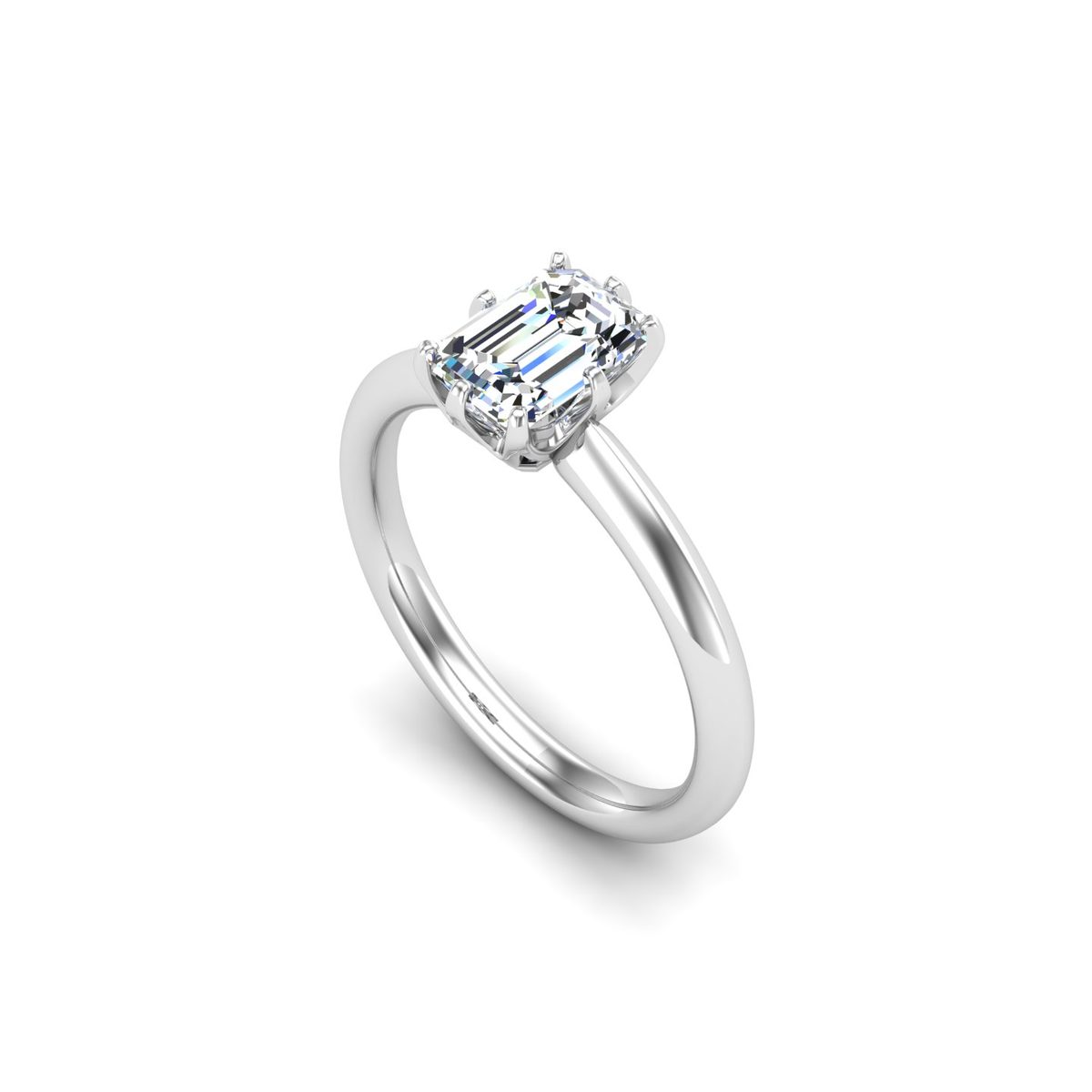 Elvaine Knife-Edge 6-Prong Solitaire Engagement Ring in white gold with an emerald center stone, 3D view