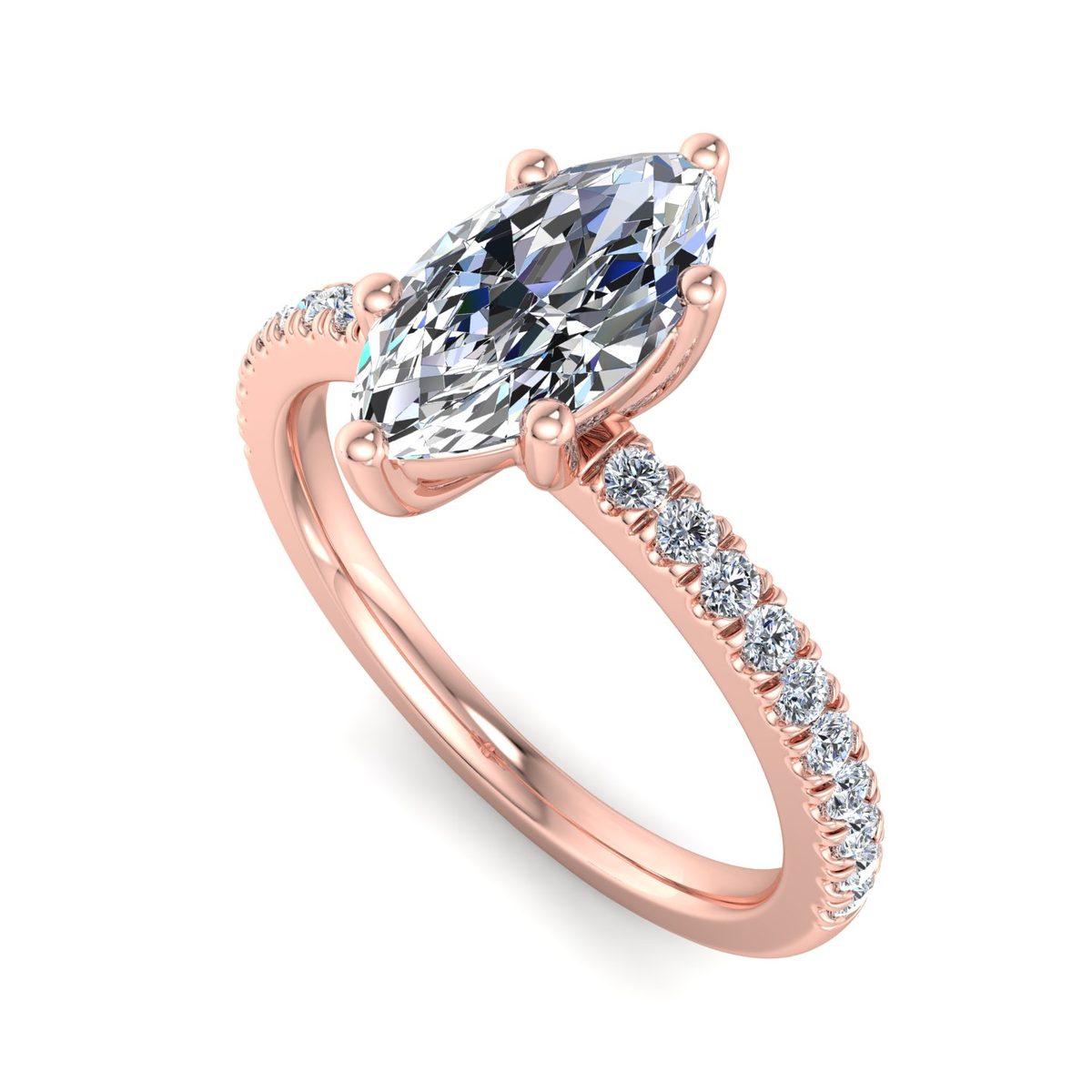 Uvarre Pave Engagement Ring in rose gold with a marquise center stone, 3D view