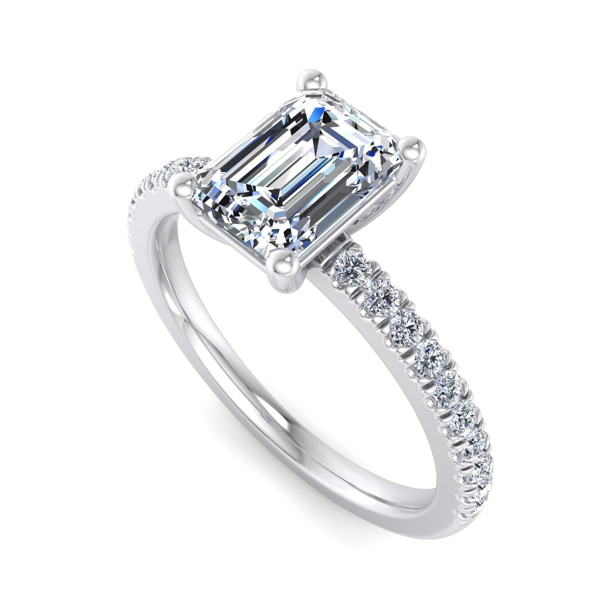 Uvarre Pave Engagement Ring in white gold with an emerald center stone, 3D view