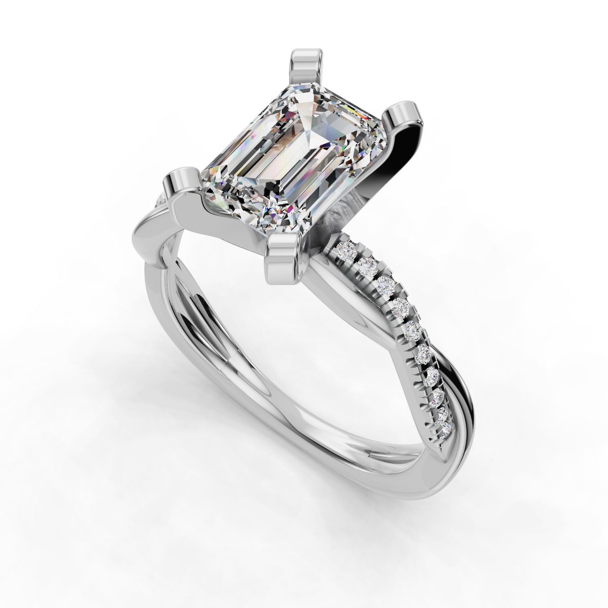 Imbrel Twisted Pave Engagement Ring in white gold with an emerald center stone, 3D view