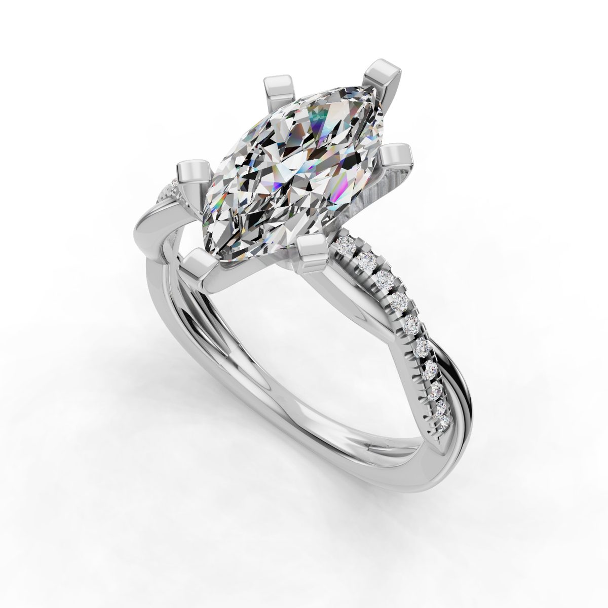 Imbrel Twisted Pave Engagement Ring in white gold with a marquise center stone, 3D view