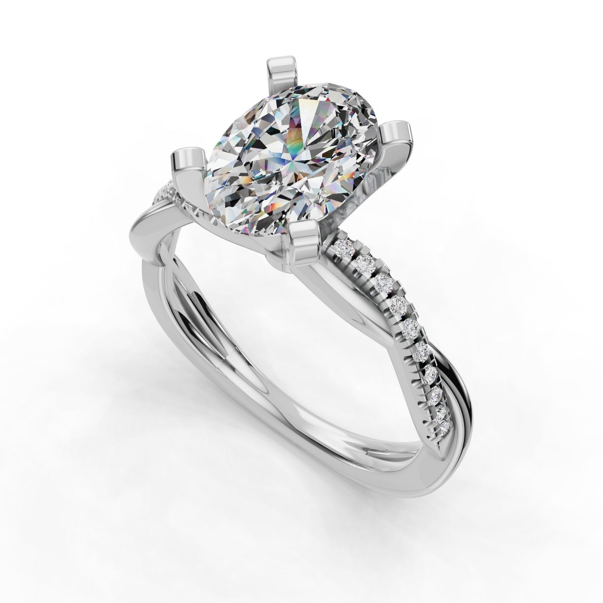Imbrel Twisted Pave Engagement Ring in white gold with an oval center stone, 3D view