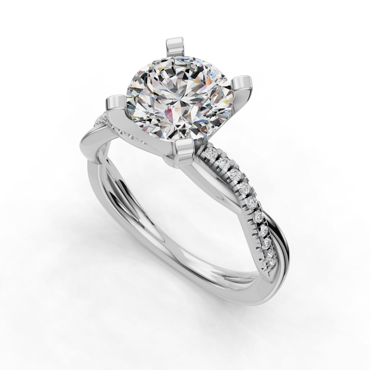 Imbrel Twisted Pave Engagement Ring in white gold with a round center stone, 3D view