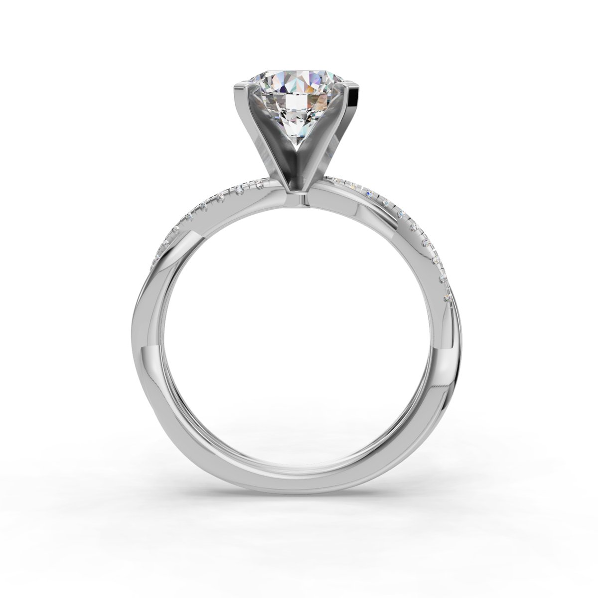 Imbrel Twisted Pave Engagement Ring in white gold with a round center stone, front view