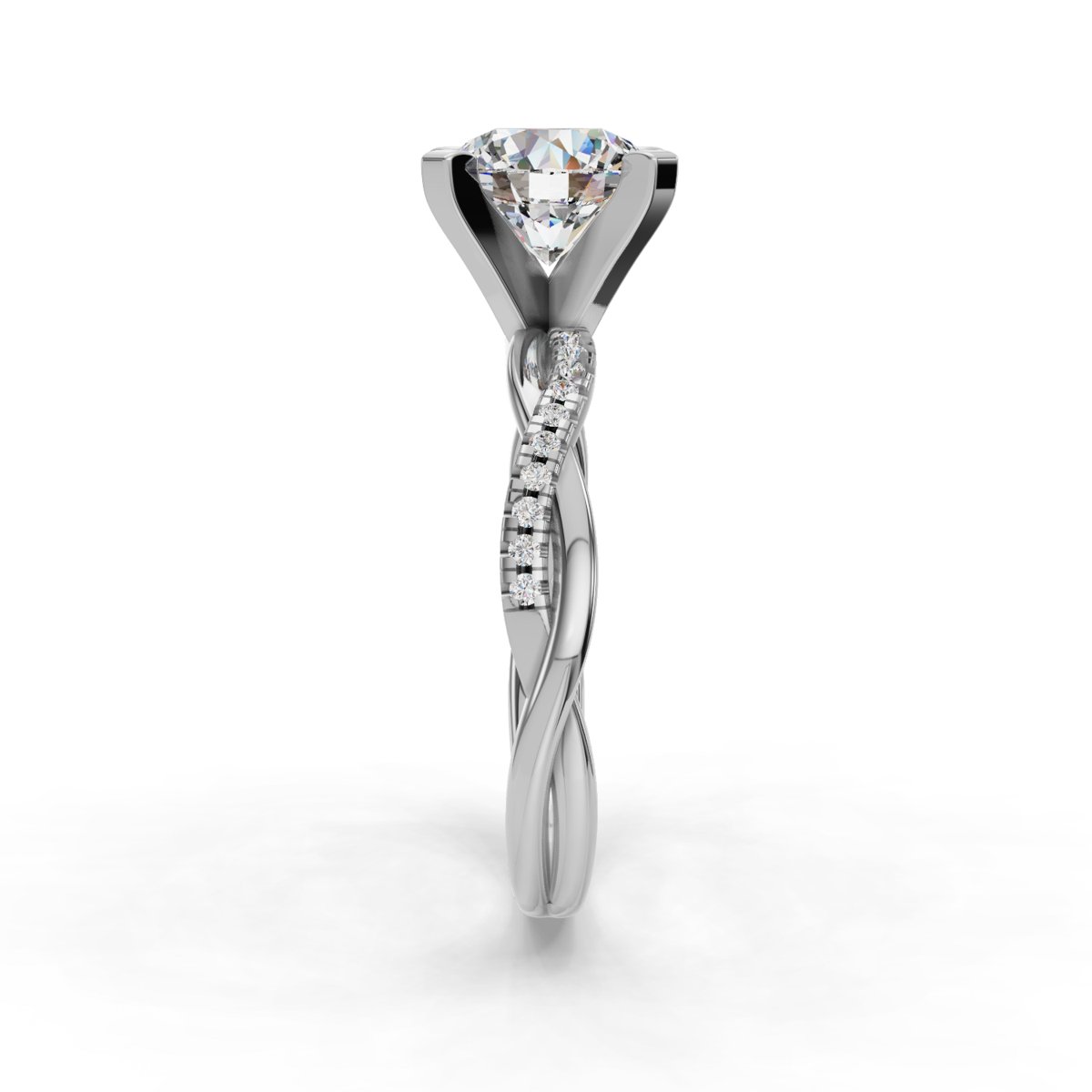 Imbrel Twisted Pave Engagement Ring in white gold with a round center stone, side view