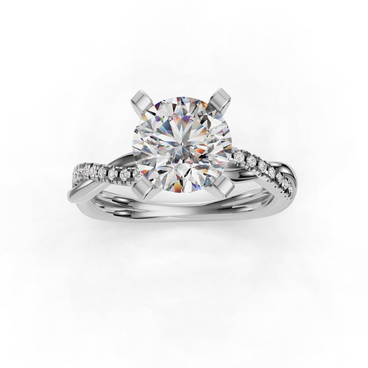 Imbrel Twisted Pave Engagement Ring in white gold with a round center stone, top view