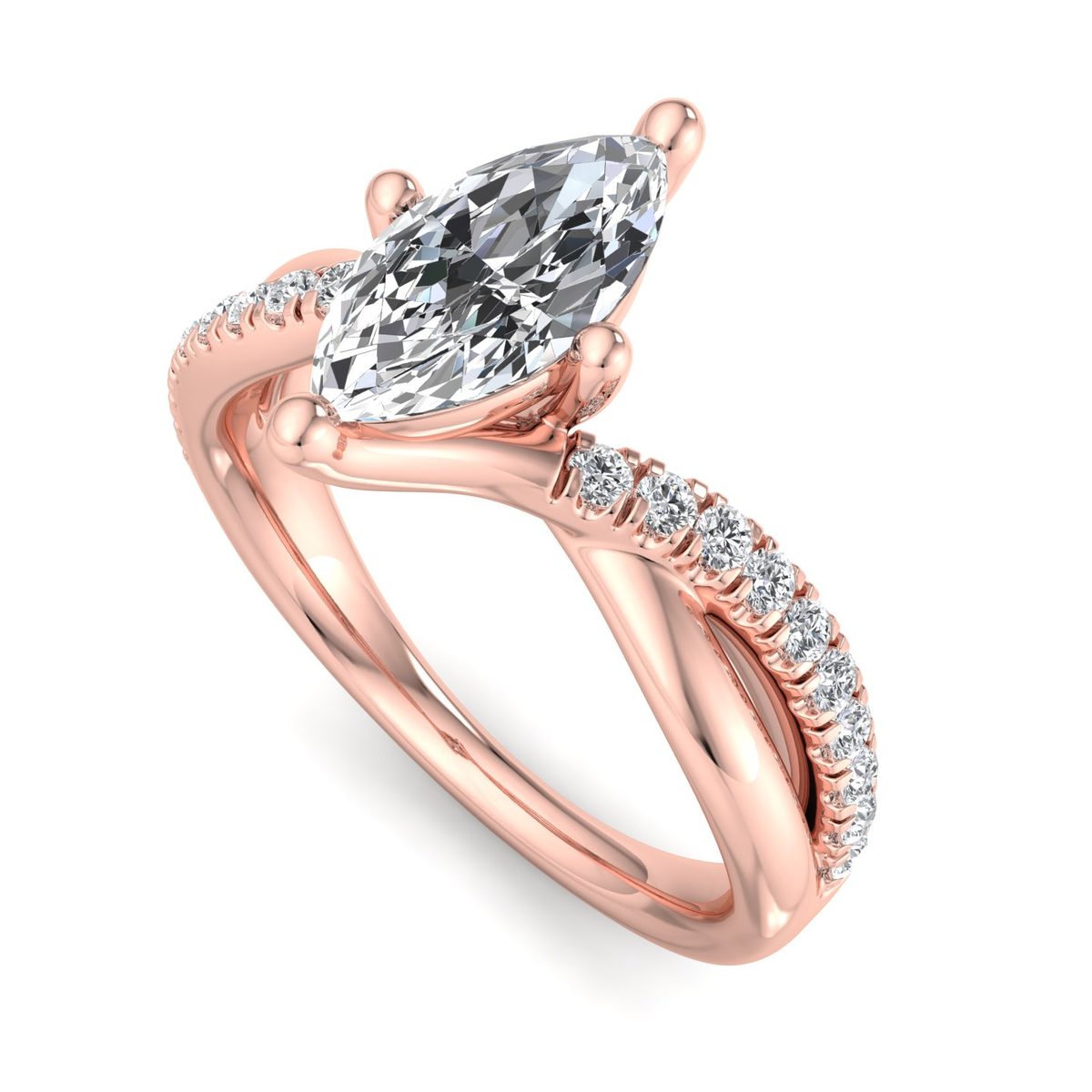 Wexelle Twisted Pave Engagement Ring in rose gold with a marquise center stone, 3D view