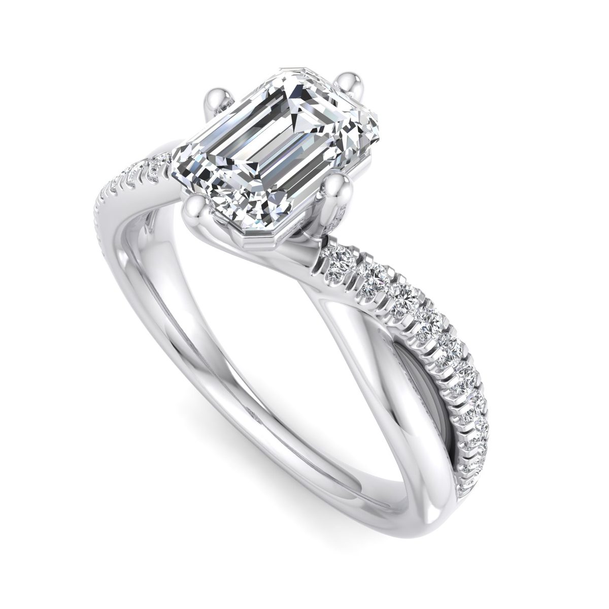 Wexelle Twisted Pave Engagement Ring in white gold with an emerald center stone, 3D view