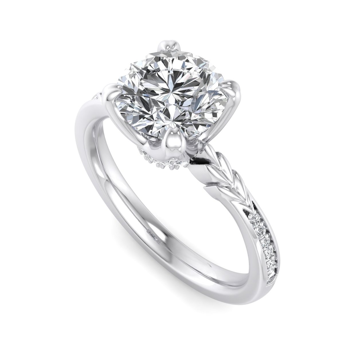 Cordane Pave Engagement Ring in white gold with a round center stone, 3D view