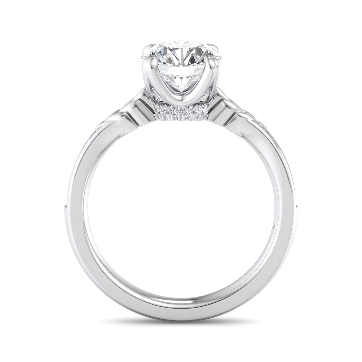 Cordane Pave Engagement Ring in white gold with a round center stone, front view