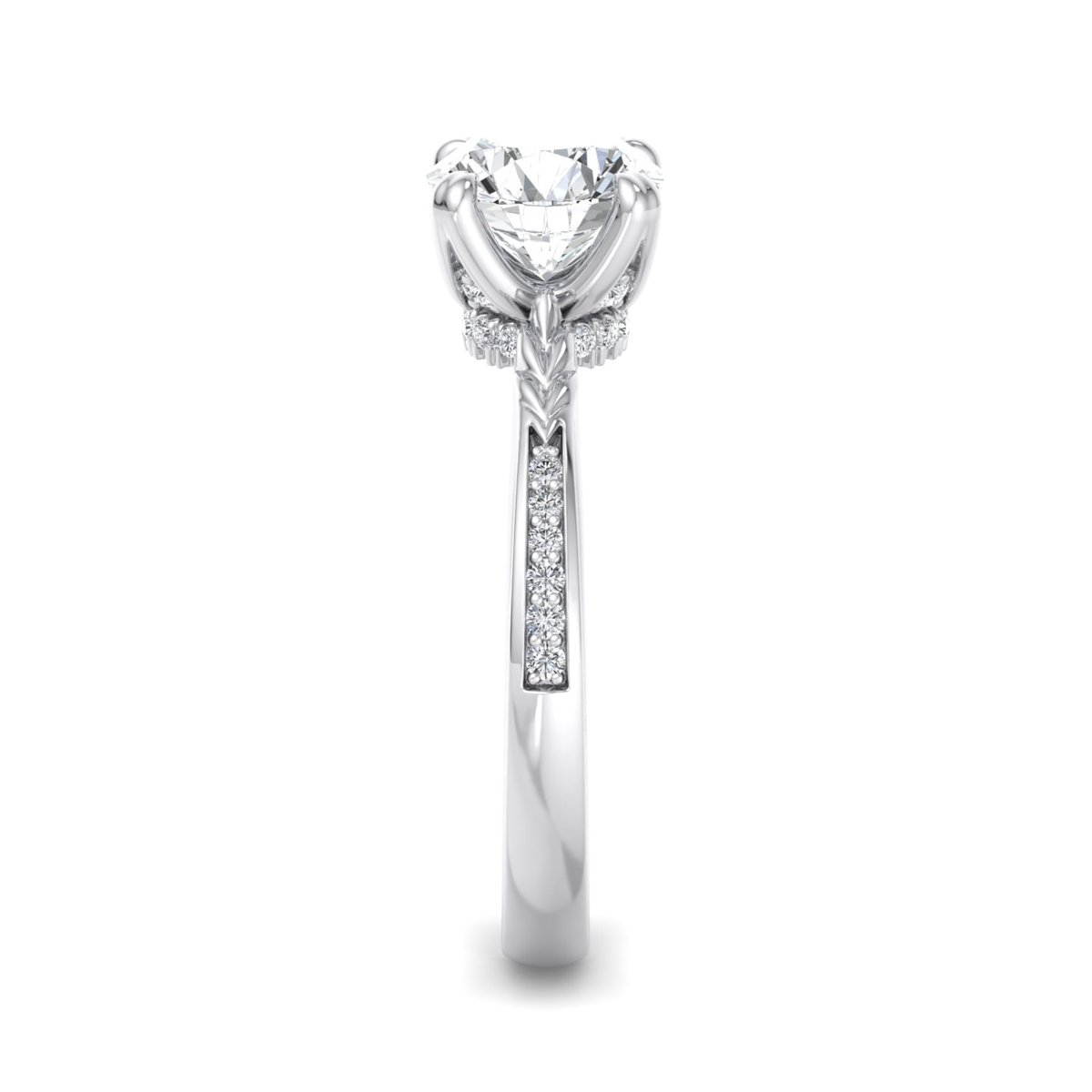 Cordane Pave Engagement Ring in white gold with a round center stone, side view