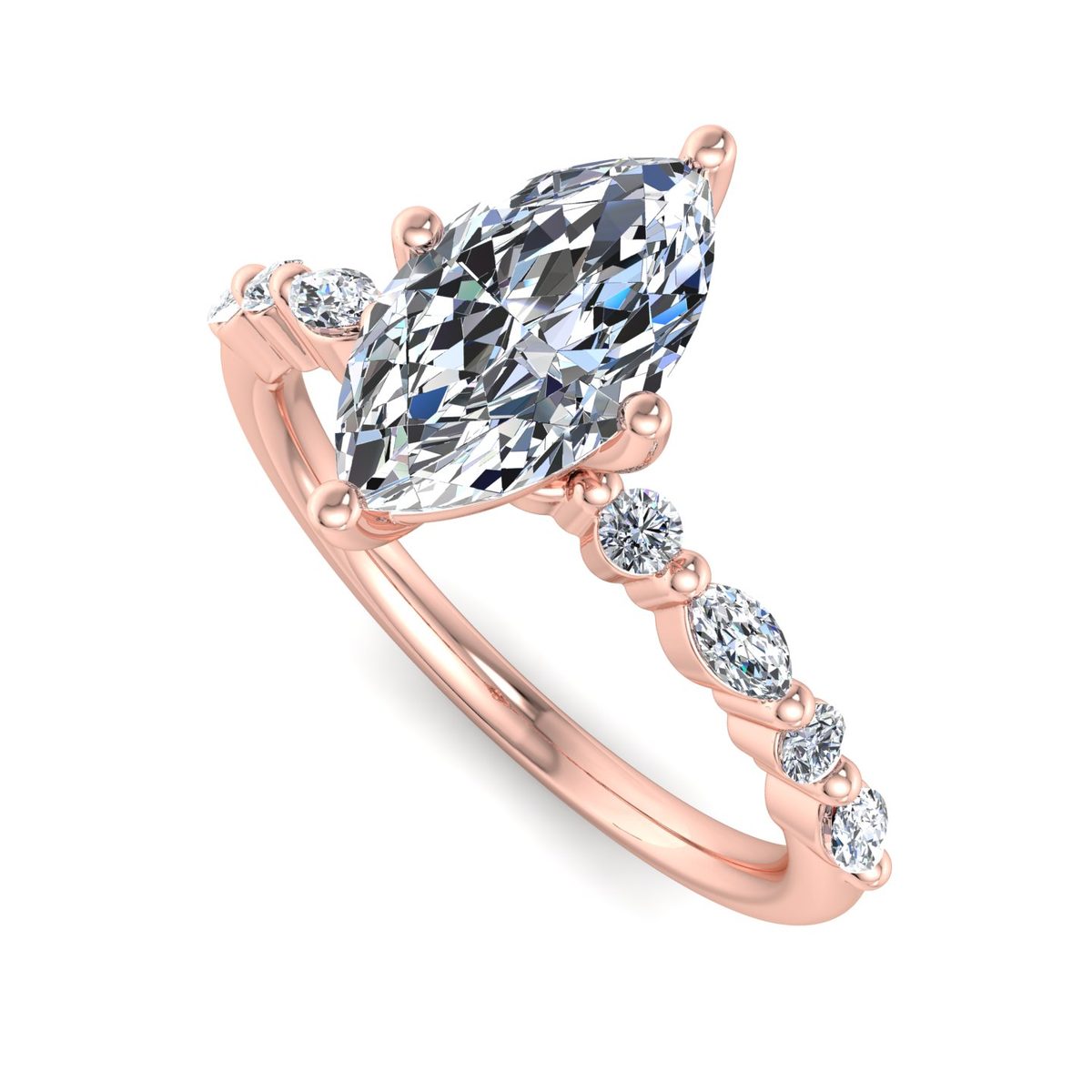 Yvarelle Petite Side Stone Engagement Ring in rose gold with a marquise center stone, 3D view