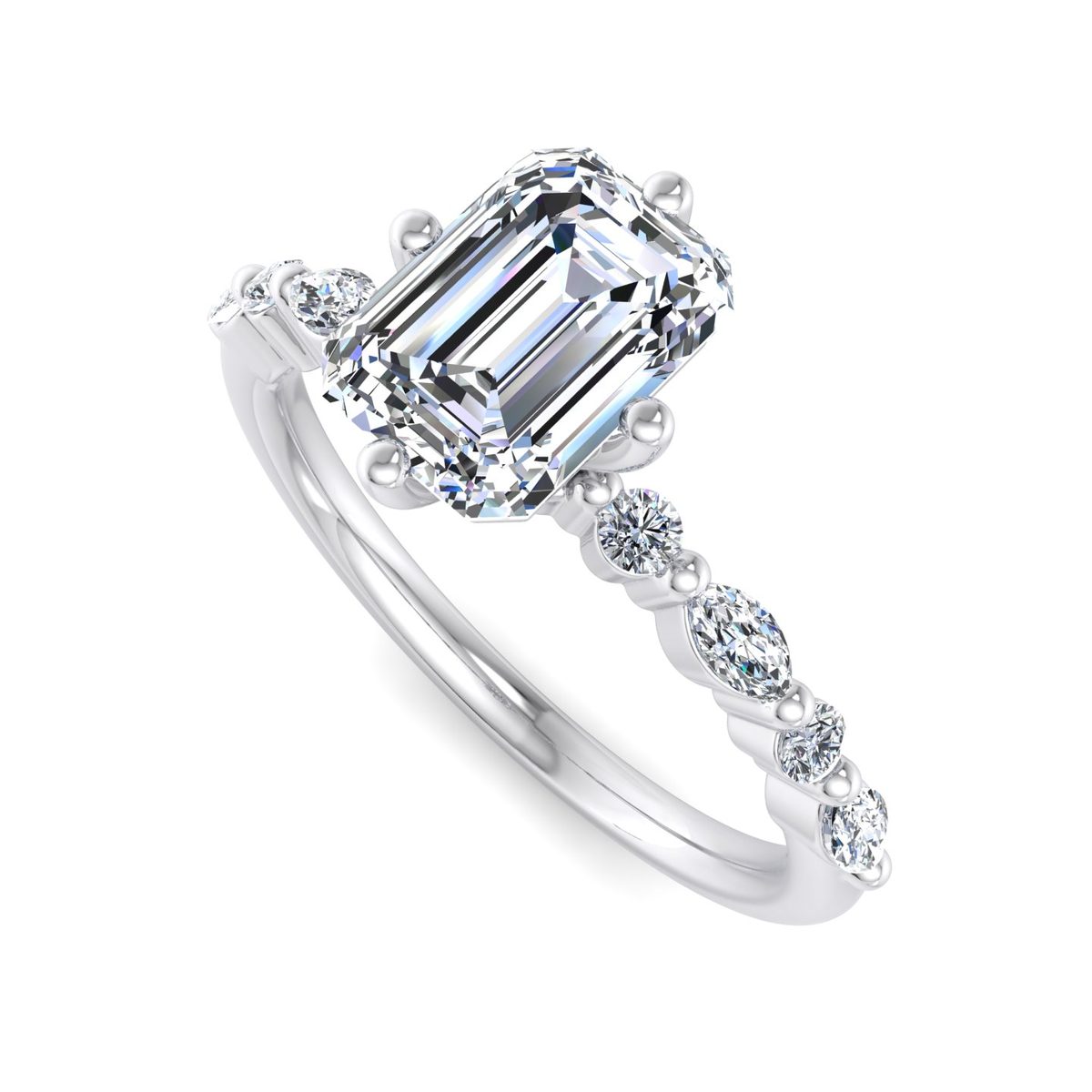 Yvarelle Petite Side Stone Engagement Ring in white gold with an emerald center stone, 3D view