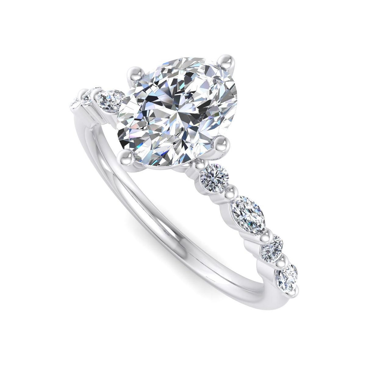 Yvarelle Petite Side Stone Engagement Ring in white gold with an oval center stone, 3D view