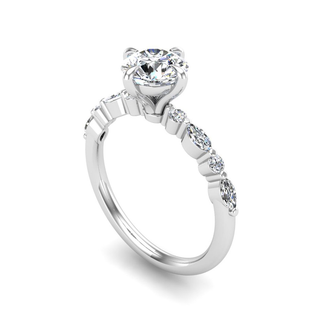 Yvarelle Petite Side Stone Engagement Ring in white gold with a round center stone, 3D view