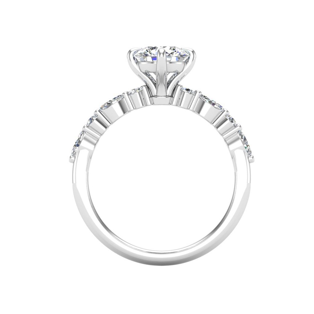 Yvarelle Petite Side Stone Engagement Ring in white gold with a round center stone, front view