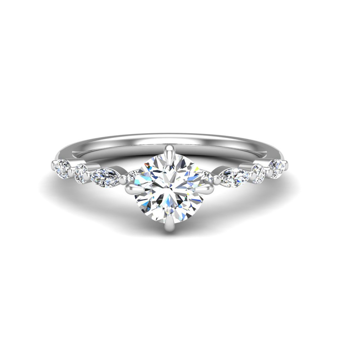 Yvarelle Petite Side Stone Engagement Ring in white gold with a round center stone, top view