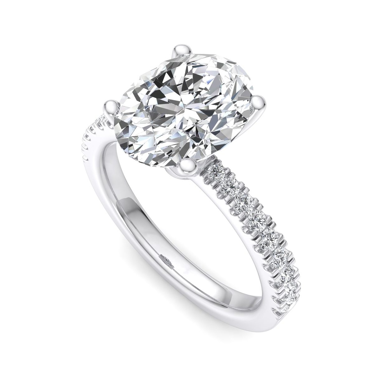 Dellaris Pinched Pave Engagement Ring in white gold with an oval center stone, 3D view
