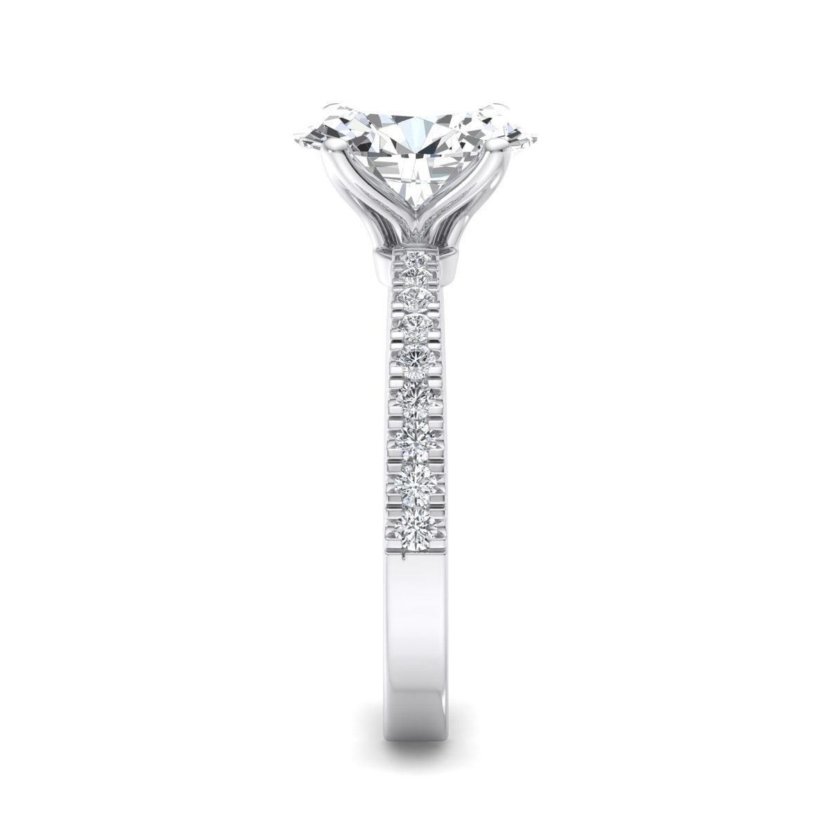Dellaris Pinched Pave Engagement Ring in white gold with an oval center stone, side view