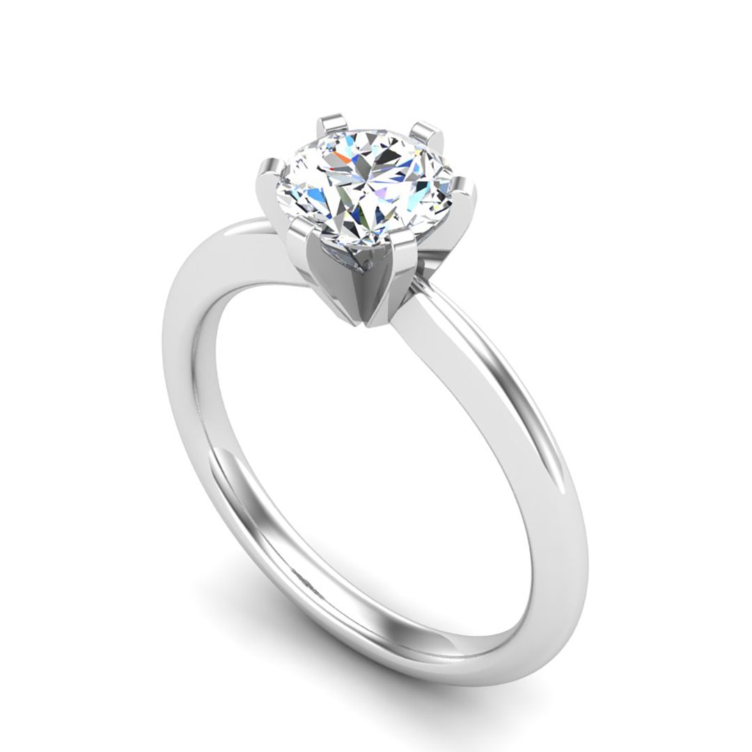 Zalvere Sculpted 6-Prong Solitaire Engagement Ring in white gold with a round center stone, 3D view