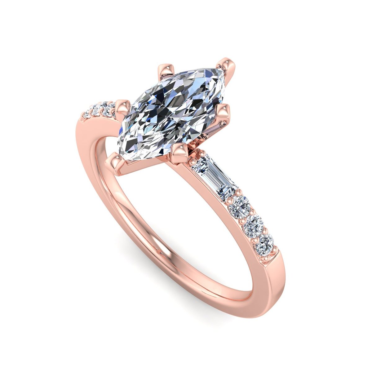 Vessolo Side Stone Engagement Ring in rose gold with a marquise center stone, 3D view
