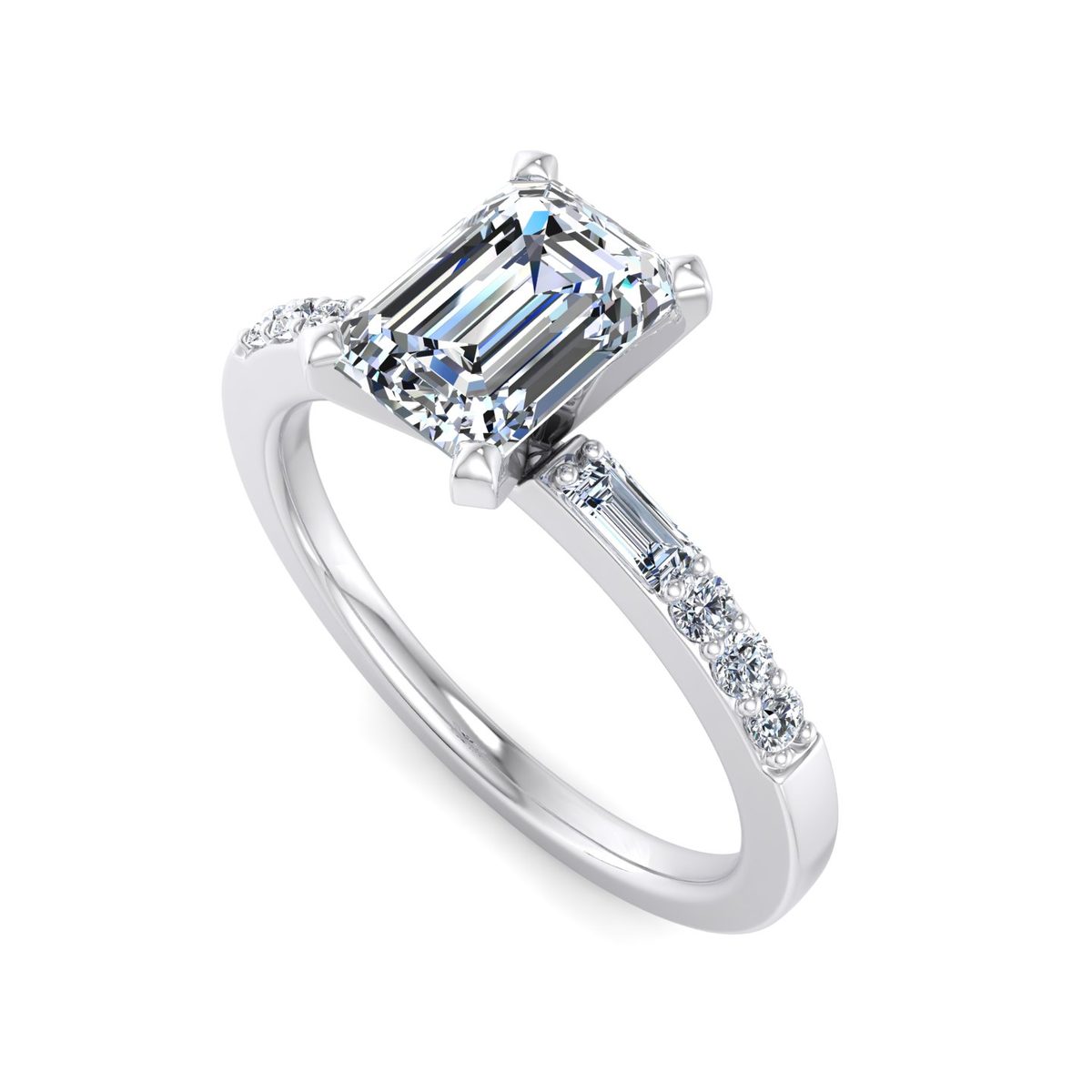 Vessolo Side Stone Engagement Ring in white gold with an emerald center stone, 3D view