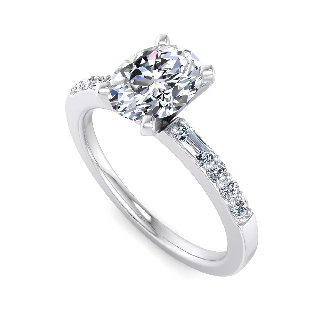 Vessolo Side Stone Engagement Ring in white gold with an oval center stone, 3D view
