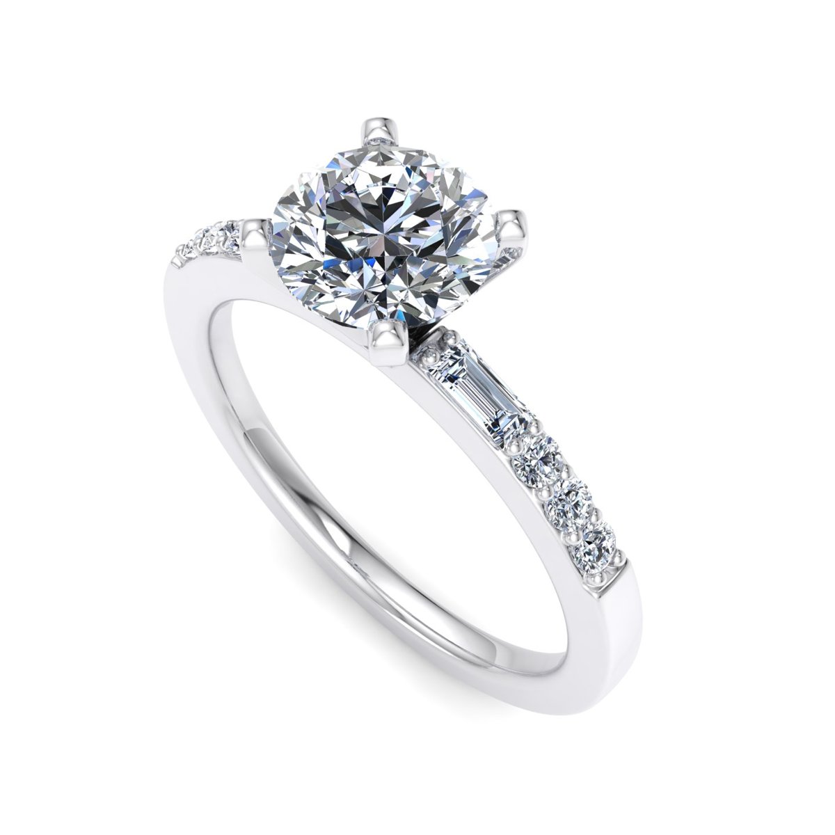 Vessolo Side Stone Engagement Ring in white gold with a round center stone, 3D view